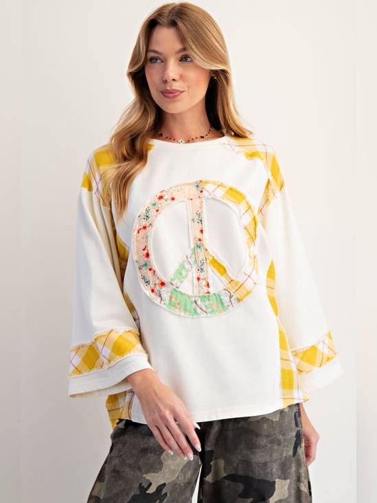 easel Tops - Easel Ivory Patch Plaid Peace Sign Top